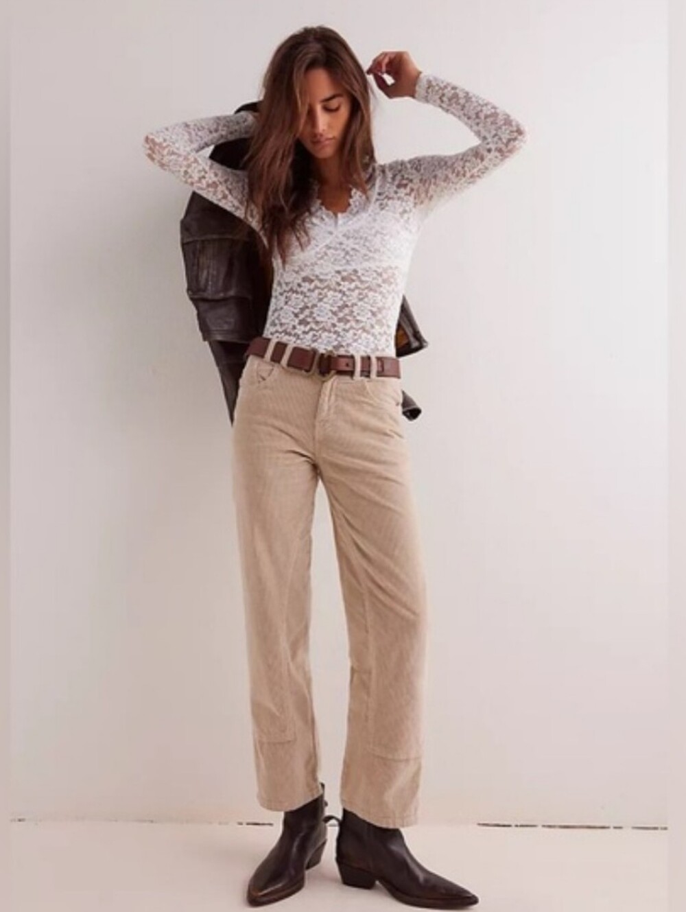 We The Free Free People Women's Khaki Micro Corduroy Straight Leg Chinos Pants
